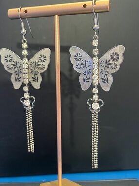 Silver Butterfly Dangle Earrings with Crystal Accents